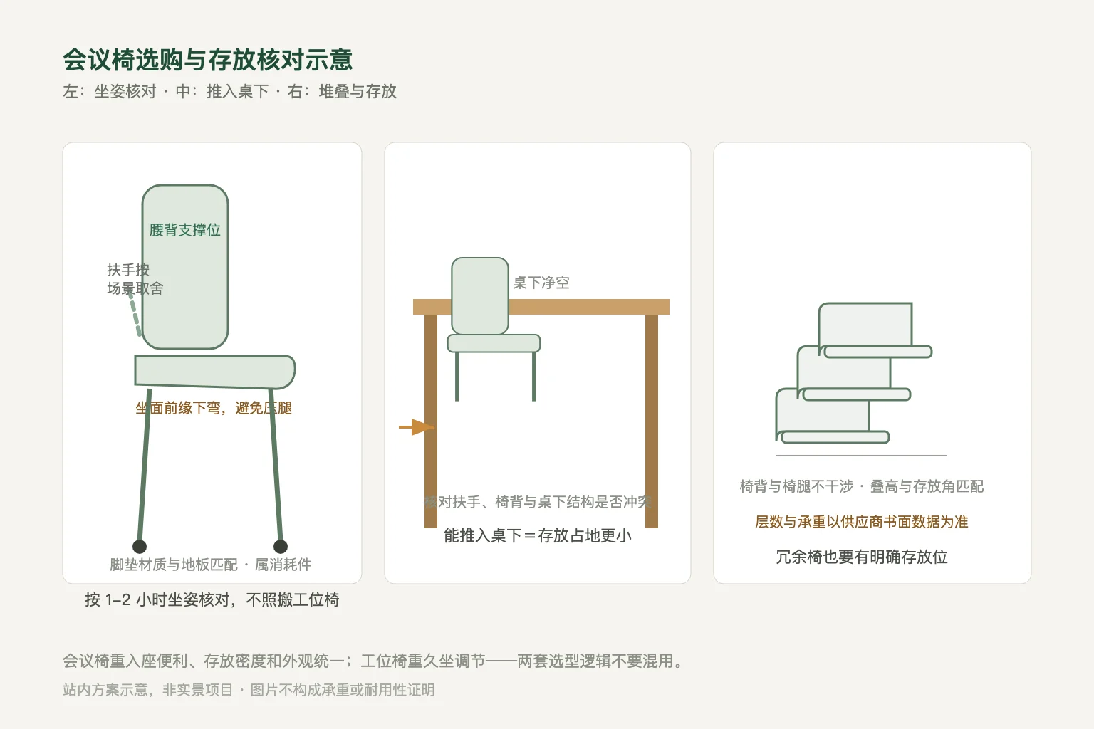 会议椅坐姿核对、推入桌下与堆叠存放三组站内方案示意