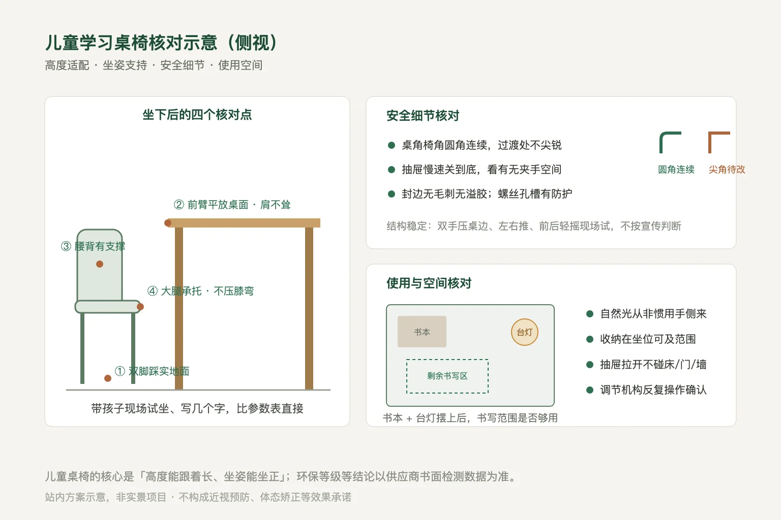 儿童学习桌椅侧视试坐核对点、安全细节与桌面使用空间核对的站内方案示意