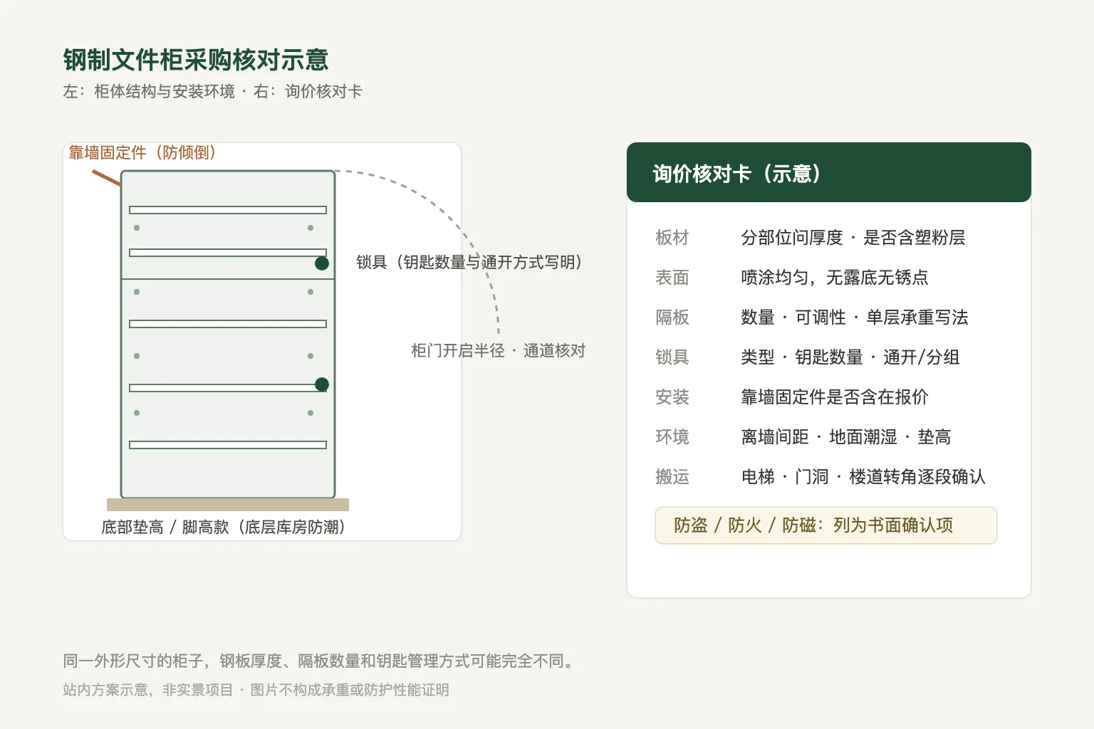 钢制文件柜立面（隔板、调节孔、锁具、防倾倒固定件、垫高）与询价核对卡片的站内方案示意
