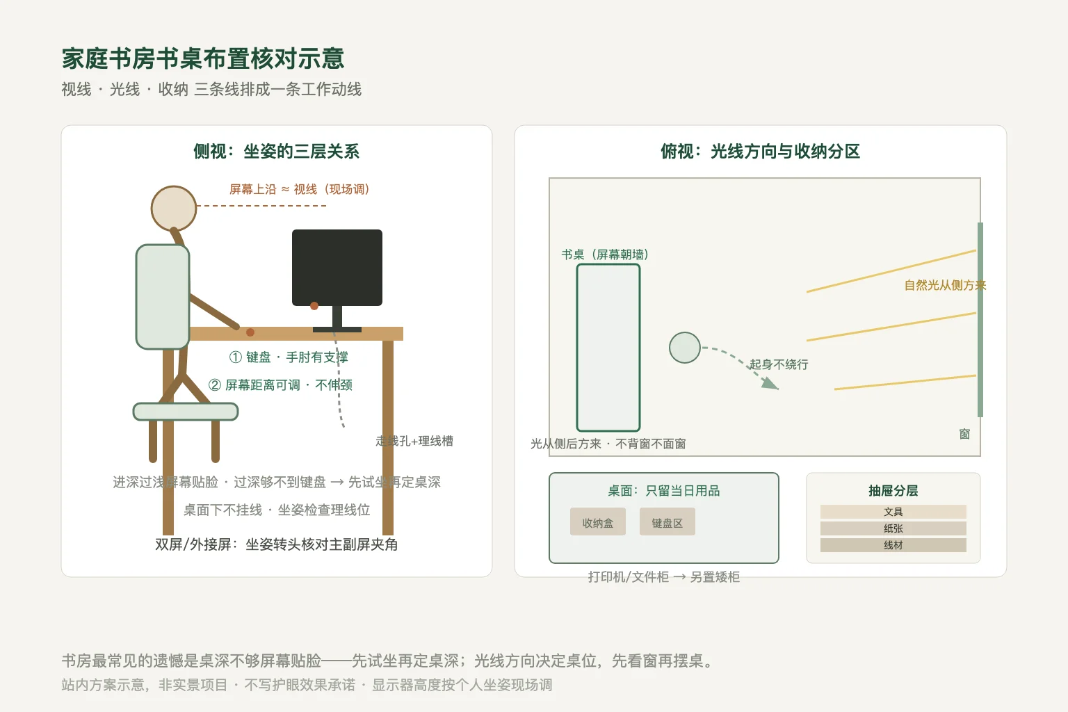 书桌侧视坐姿三层关系与书房俯视光线方向、收纳分区的站内方案示意
