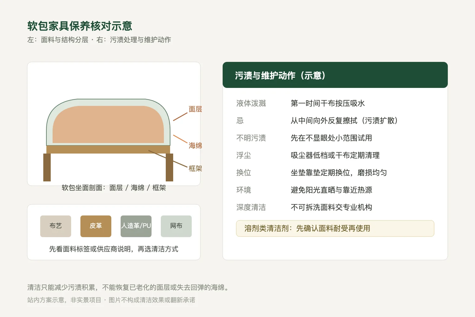 软包坐面剖面（面层、海绵、框架）、四种常见面料与污渍维护动作卡片的站内方案示意